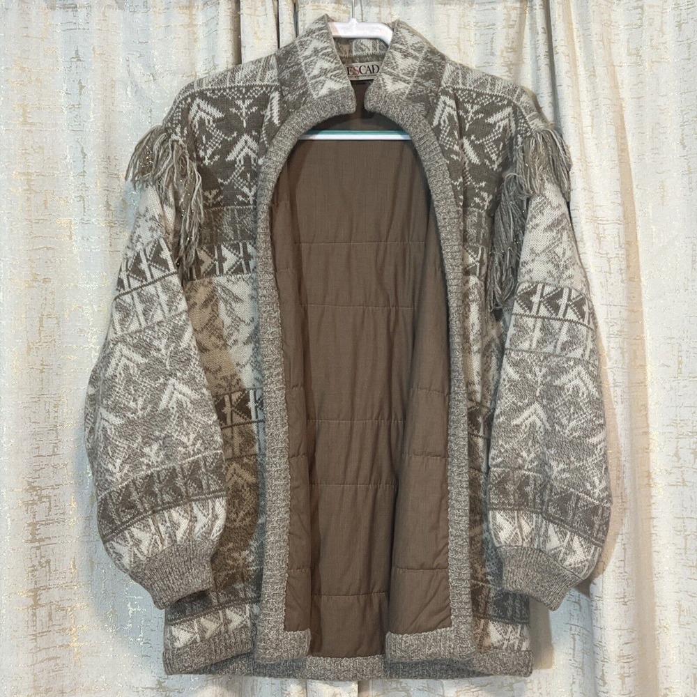 Escada Cardigan Women's OS Taupe‎ Excellent Vtg Western Germany Fringe Fair Isle